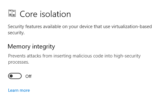 Core isolation — Memory integrity set to Off